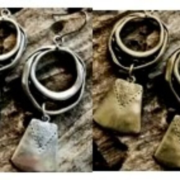 2 Pairs!  Vintage Silver-Plated Geometric Dangle Earrings - Unique Retro Bohemia - Picture 1 of 6